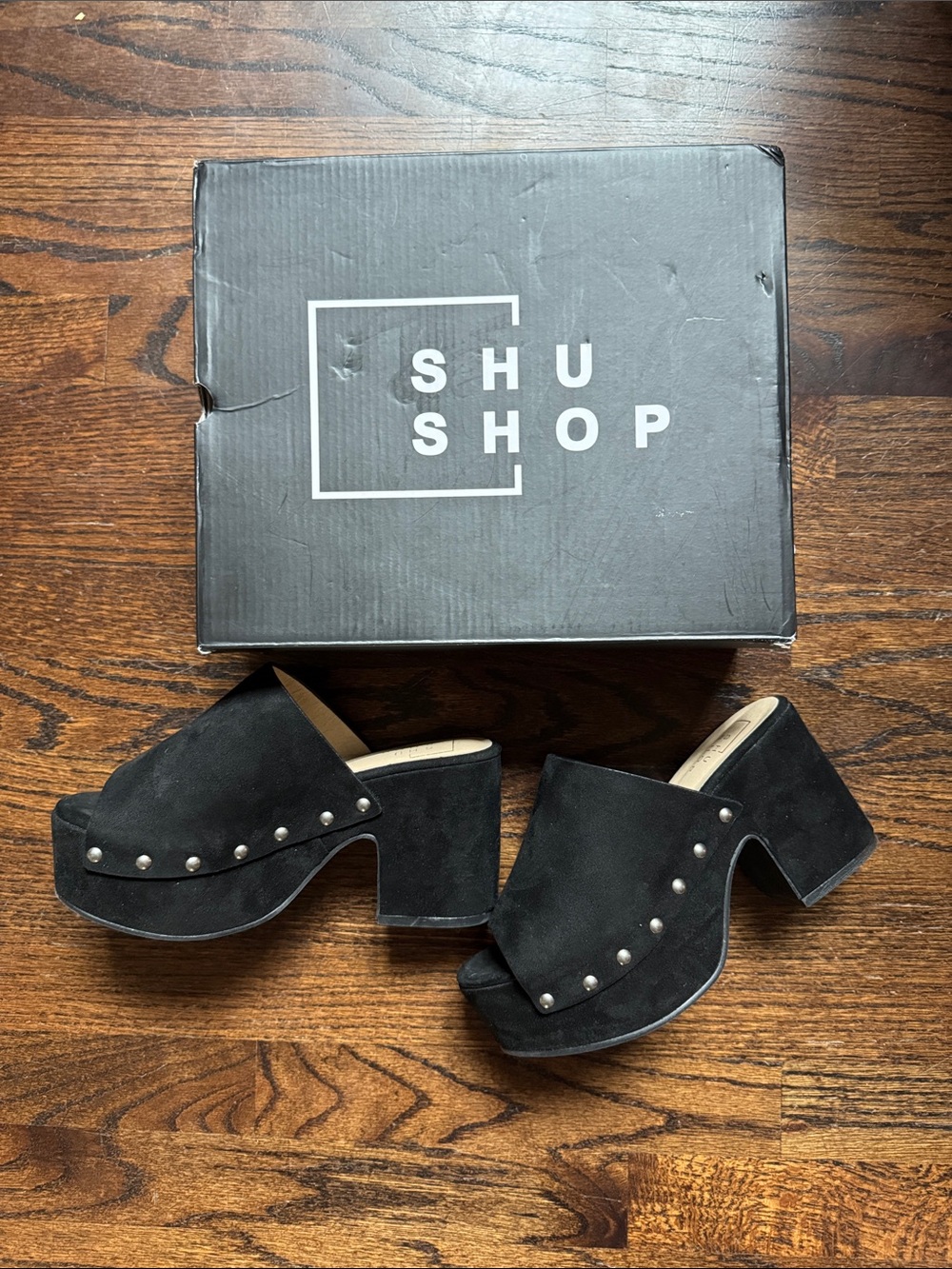 Like new ShuShop Gina black suede open toe platform heels / clogs. Size 7.5